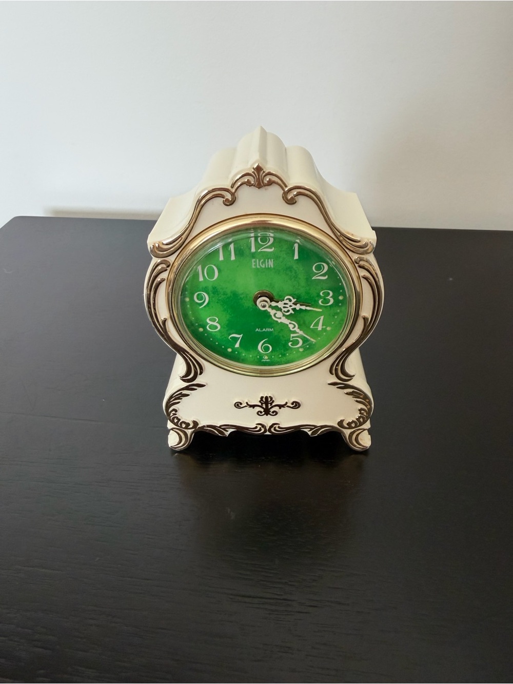 Vintage Elgin Cream Mantel Clock with Green Dial and Gold Accents